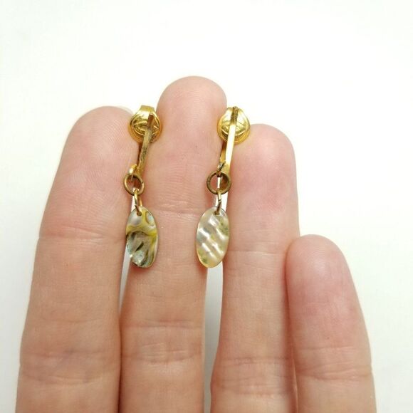 Vintage Littler Mother Of Pearl Disc Dangle Clip On Earrings, Retro Estate - Picture 2 of 5